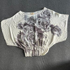 White blouse with gray floral detail